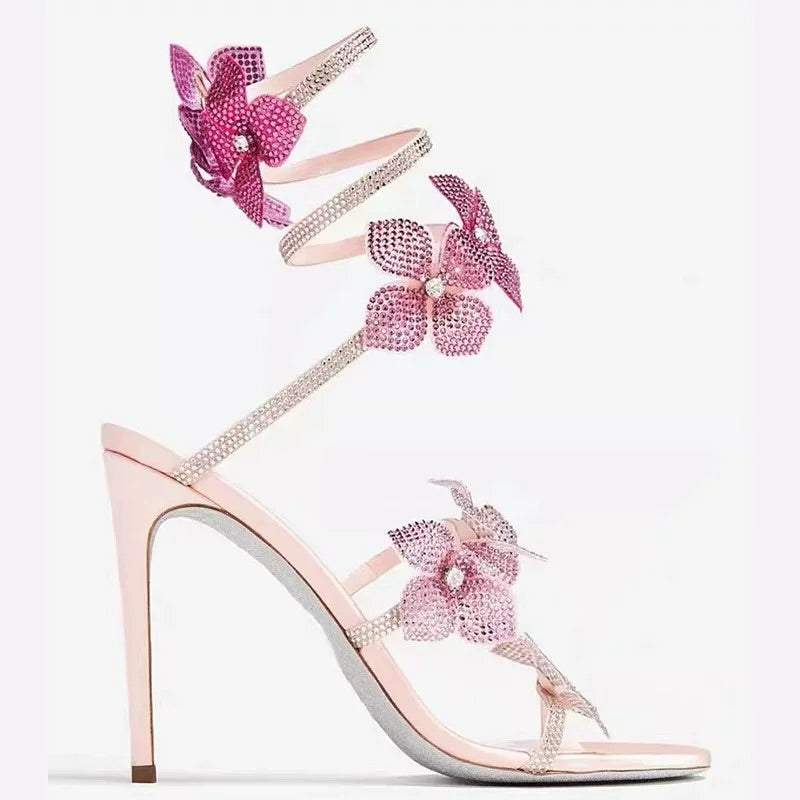 Flower Diamond Snake-Wrapped High Heels