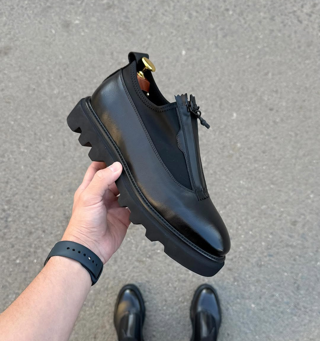 Cowhide Zipper Platform Shoes