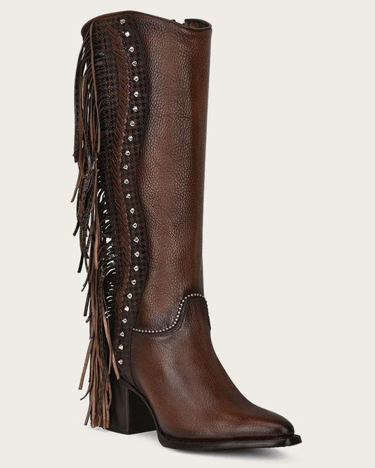 Braided Brown Leather Knee High Boots