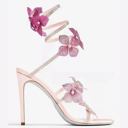 Flower Diamond Snake-Wrapped High Heels